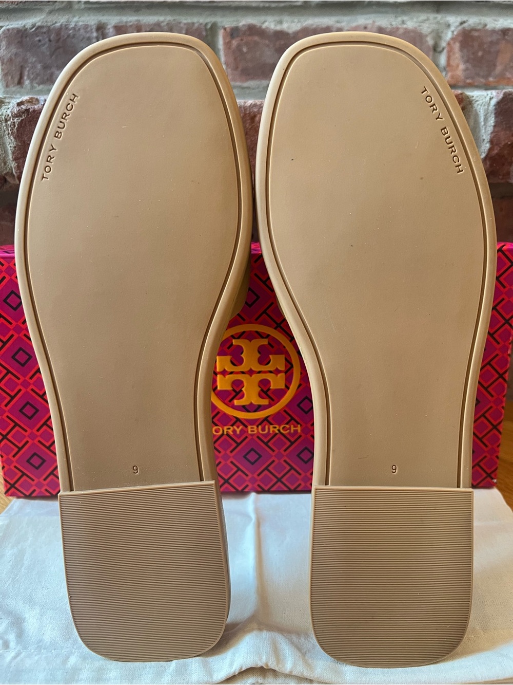 Tory Burch Ginger Shortbread Tan Crystal Double T Leather Sport Slide Sandals - Picture 9 of 11